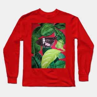 Black and pink butterfly watercolour painting with leaves against a bright red background Long Sleeve T-Shirt